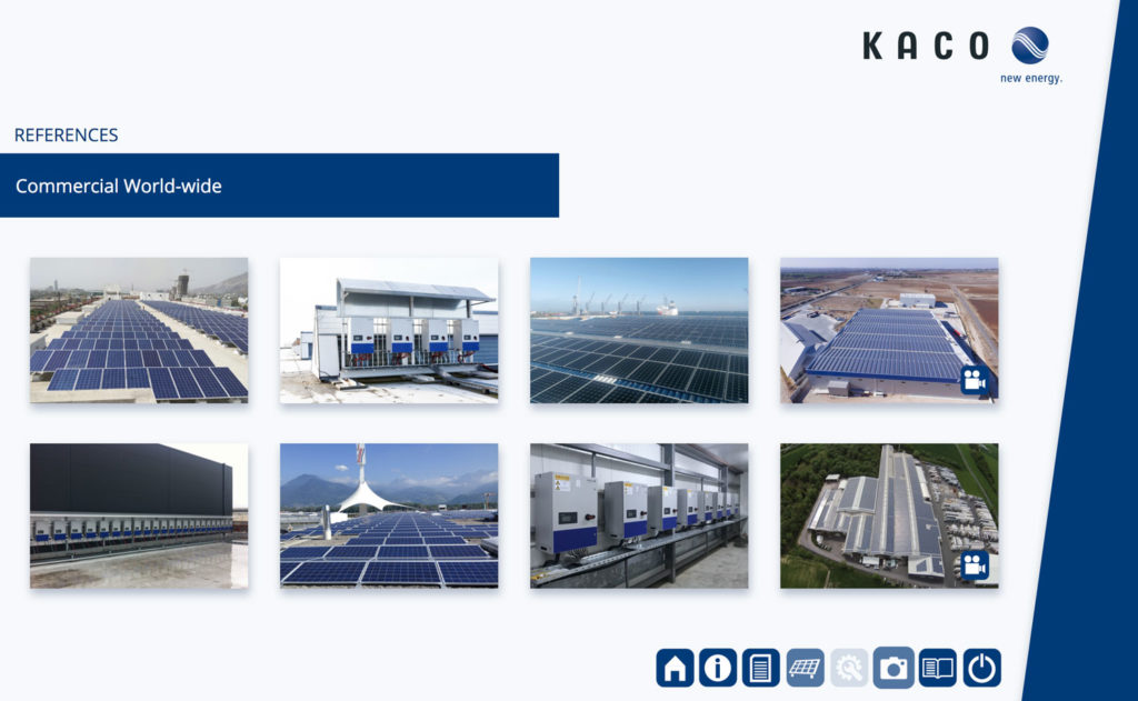 Bilder und Videos in der Anwendung veranschaulichen die Solarprojekte von KACO new energy.