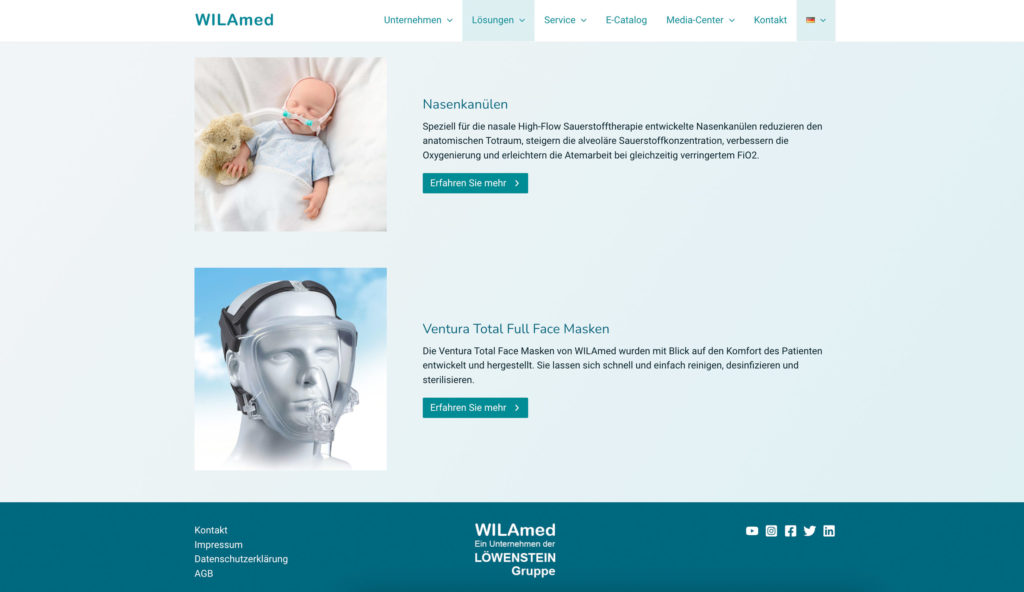 Die Lösungen und Produkte von WILAmed in anschaulicher, ästhetischer und klar gegliederter Weise darzustellen, war eine der Herausforderungen bei diesem Website-Projekt.